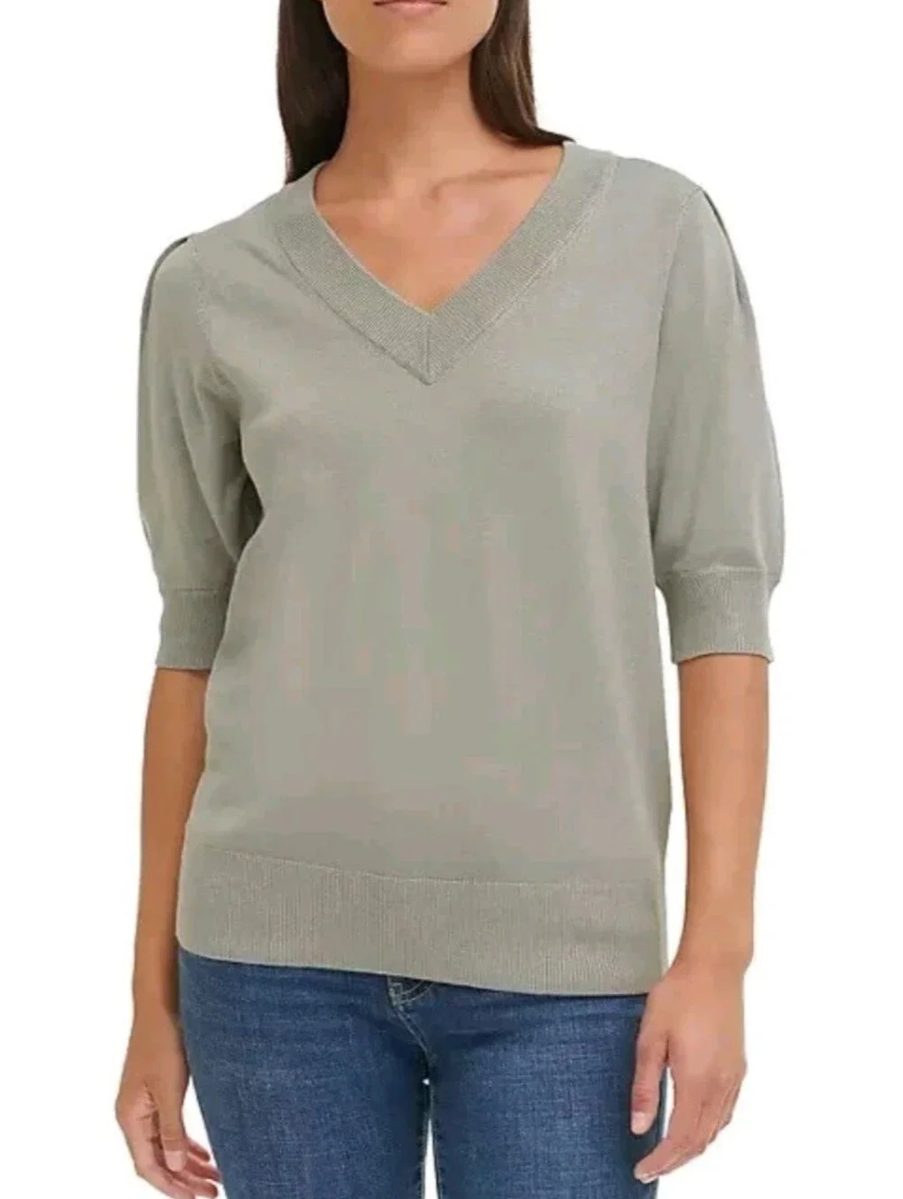V-Neck Short Sleeve Sweater - Sage Green